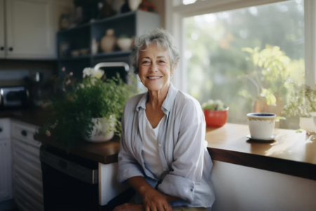 Senior woman in kitchen smiling