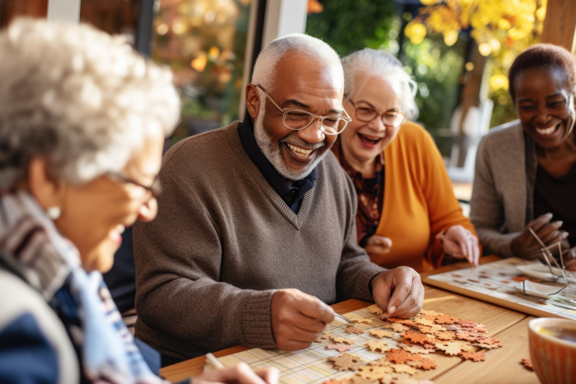 group of seniors working on a puzzle